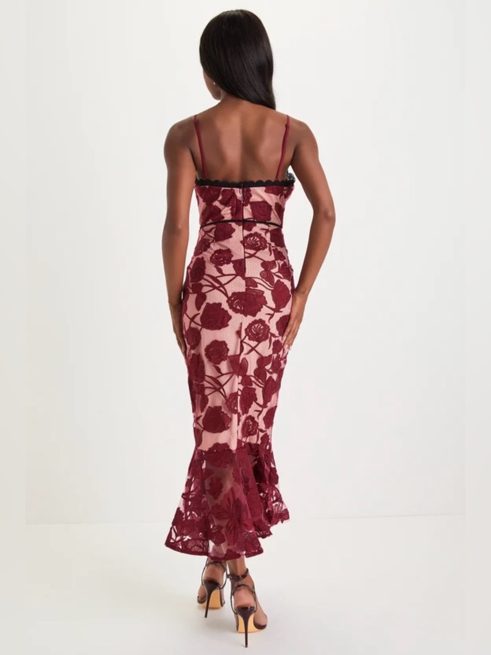 XS Lulu's Alluring Dream Burgundy Floral Mesh Lace Trumpet Midi Dress - Picture 2 of 6